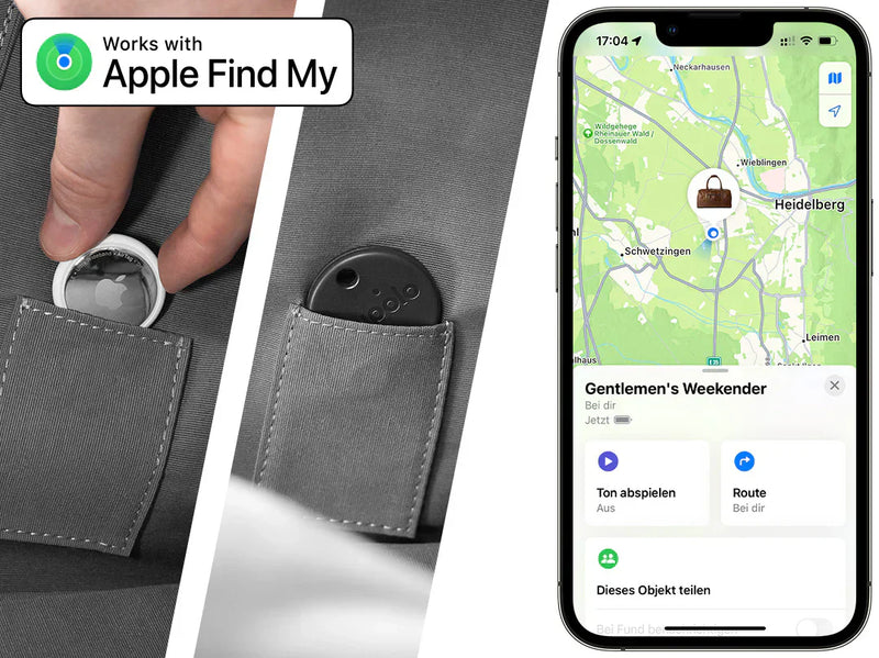 Gentlemens Geldbeutel, Laptoptaschen und Weekender haben einen AirTag-Fach.
