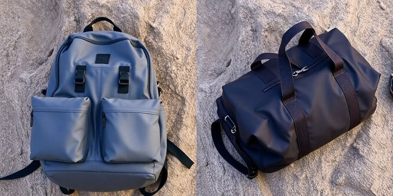 Rucksack und Reisetasche nebeneinander auf einem Holzboden.